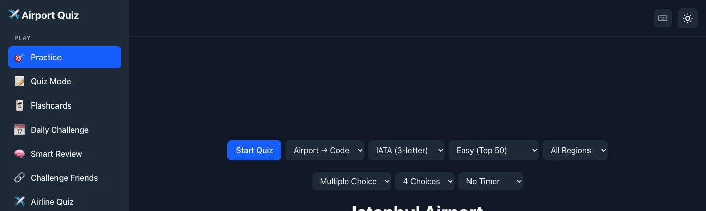 Airport Quiz app homepage with practice and quiz modes