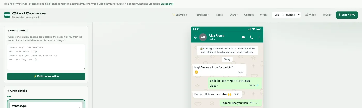 ChatCanvas editor building a WhatsApp conversation mockup