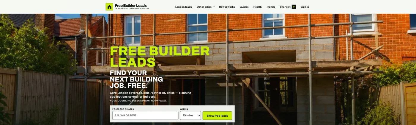Free Builder Leads homepage with postcode search for planning jobs